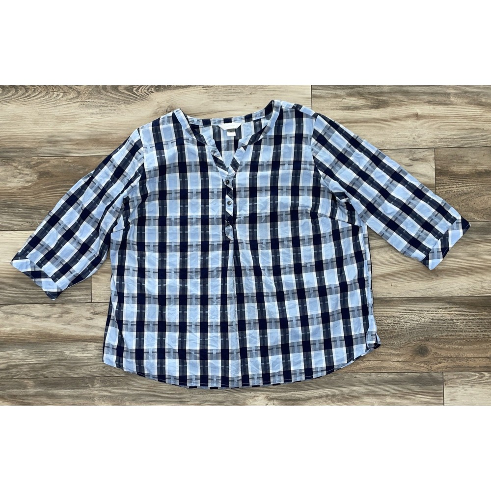 CJ Banks 3X Shirt Top Blue White Plaid 1/4 Button Front